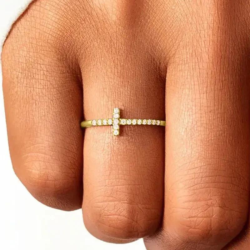 

2026 Fashion Retro Cross Inlaid Zircon Ring Personalized Cool Trendy Punk Cool Style Single Row Thin Circle Elegant Accessory 6
