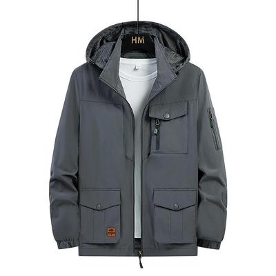 Mens Spring Autumn Outdoor Casual Windproof Baggy Jacket Men Waterproof Detachable Hat Multiple Pockets Trench Coats