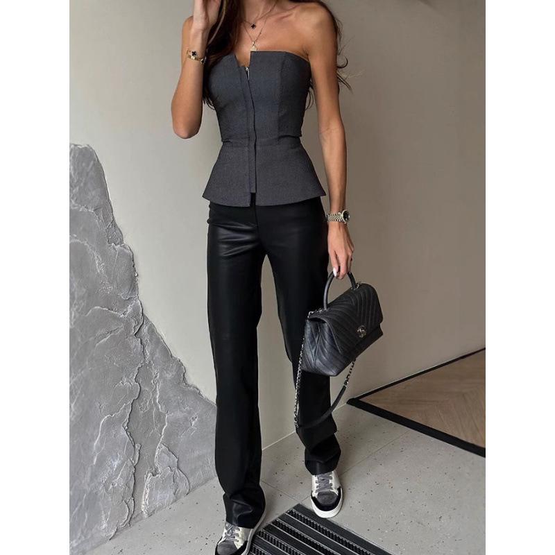 2024 European & American One-Shoulder Slim-Fit Top – Spring/Summer Fashion with Multi-Color Zipper