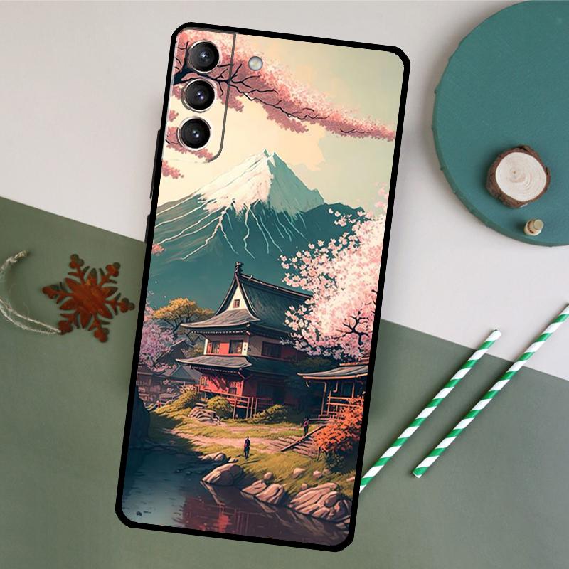 Japanese Art Temple Sakura Case For Samsung Galaxy S23 Ultra S8 S9 S10 S22 Plus Note 10 20 Ultra S20 FE S21 FE Cover