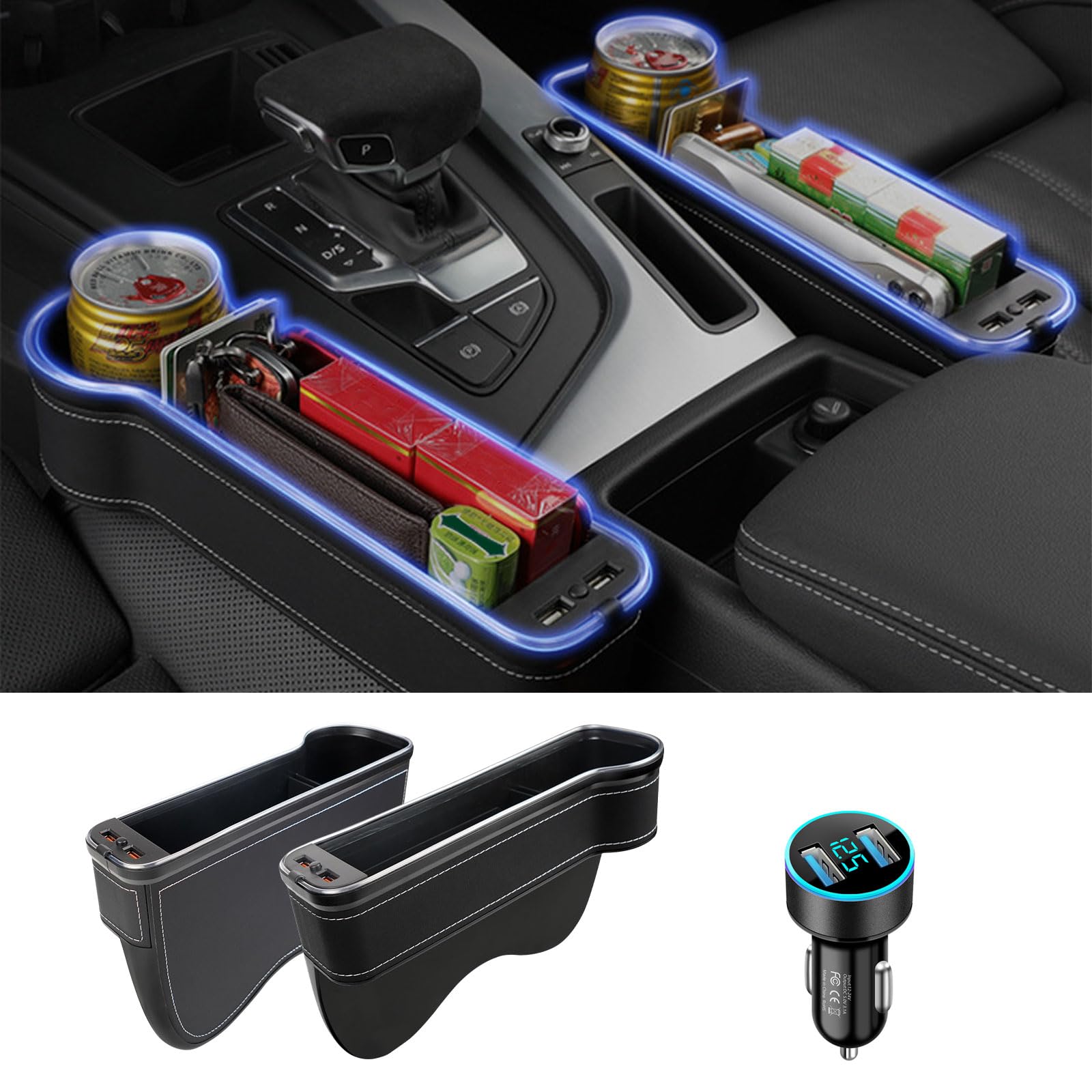 

POWER PANDA Improved Car Side Car Seat Gap Storage Auto Seat Pocket with Drink USB and Changing LED Side Seat Storage Console Storage Case for Driver