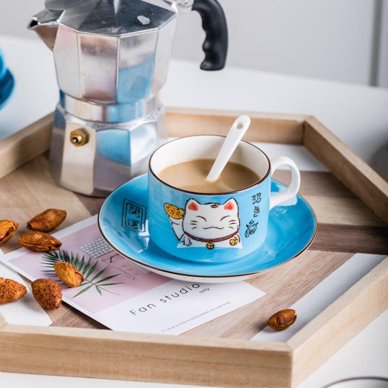Coffee Cup Waterware Lucky Cat Dish Saucer Spoon Set Gift Box Japanese Green Handle Cartoon Tea Drinkware Home Kitchen Supplies