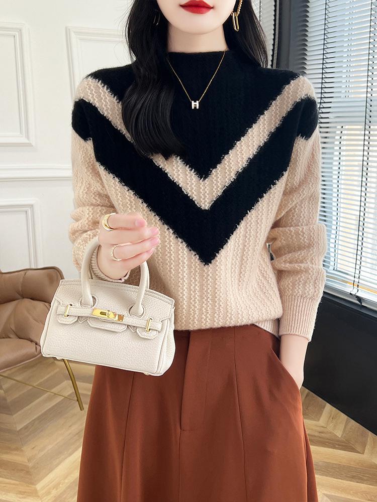 Colorblock Cashmere Turtleneck Sweater - Women's Slimming Autumn/Winter Knitted Pullover