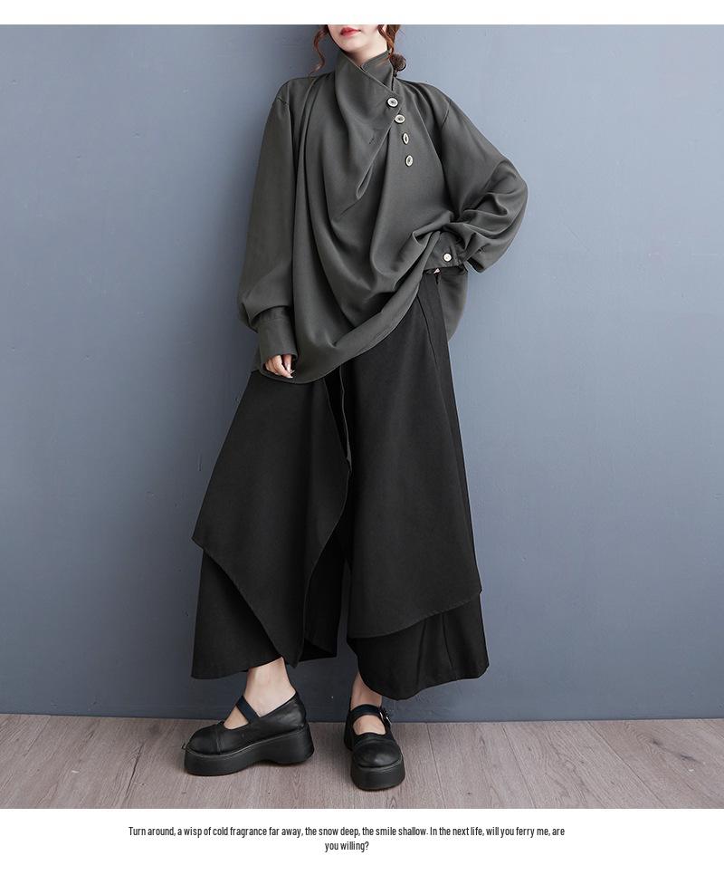 Dark Style Ruffle Neck Long Sleeve Casual Shirt