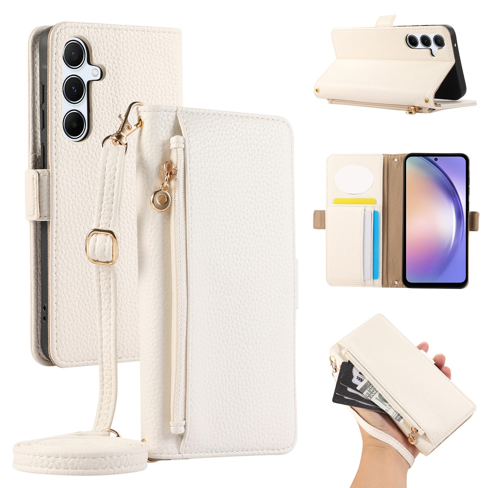 

For Samsung Galaxy A54 5G Wallet Phone Case Shockproof TPU+PU Leather Flip Cover with Mirror,Strap White