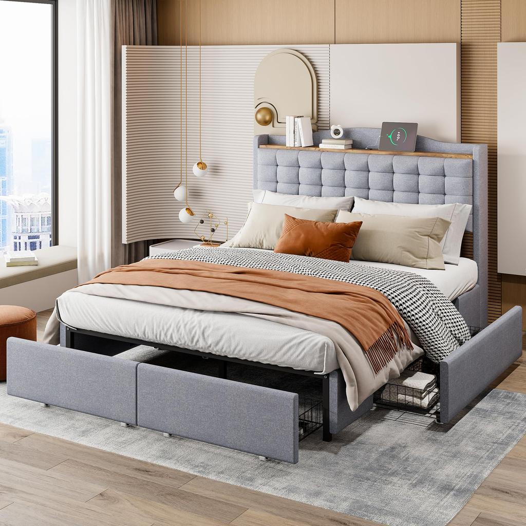 Polsterbett 160x200 cm, mit 4 Schubladen, Stauraum Bett mit USB-Anschluss, Doppelbett mit LED-Beleuchtung, PU, Grau (ohne Matratze)