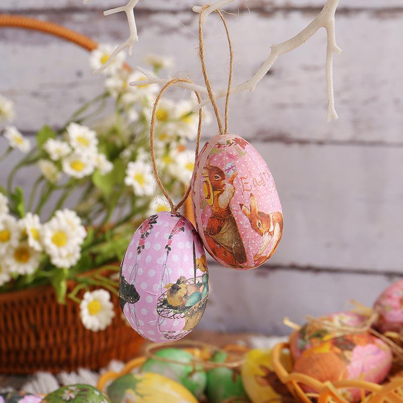 Easter Colorful Eggs with  Weaving Basket Easter Decorations 2025 Cartoon Bunny Eggs Painted Hanging Pendants Ornament Kids Gift