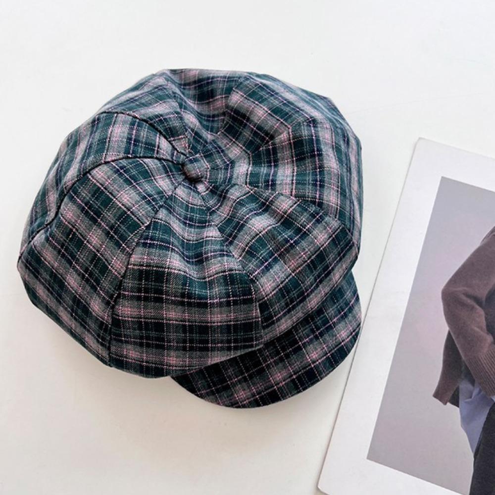 Cotton Grid Beret Cap Thin Women Octagonal Hat Painter Hat Plaid Cloud Cap  Work