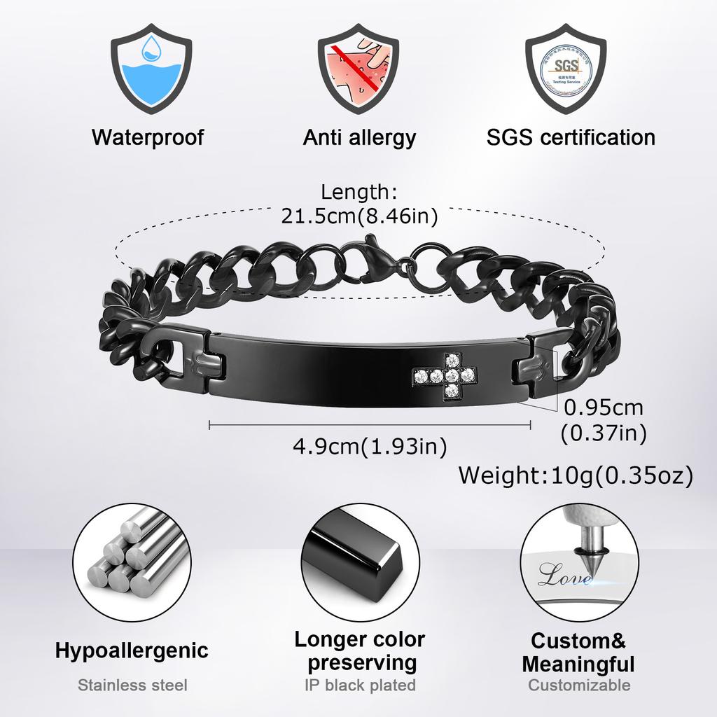 Personalized Cross ID Bracelets for Men Boys,Engraved Stainlesss Steel Chain Link Wristband,Stylish Jewelry Gifts