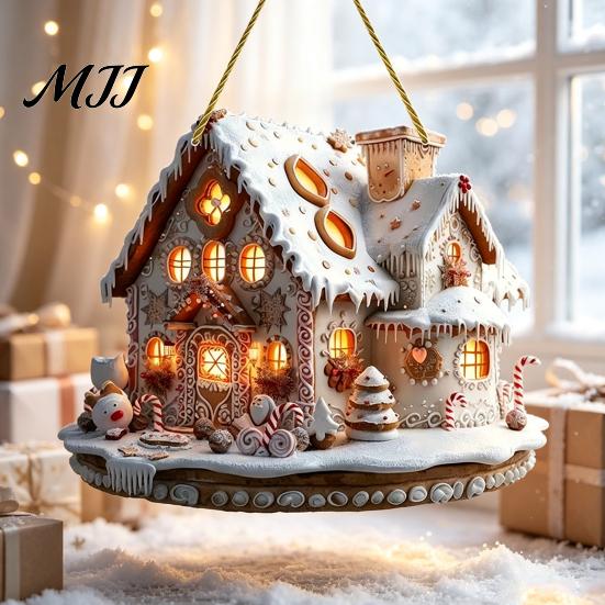 Holiday Party Decorations Christmas Santa Claus Carousel/Snow Cottage Hanging Ornament, Double-Sided Winter Festival Ornaments Acrylic Pendant