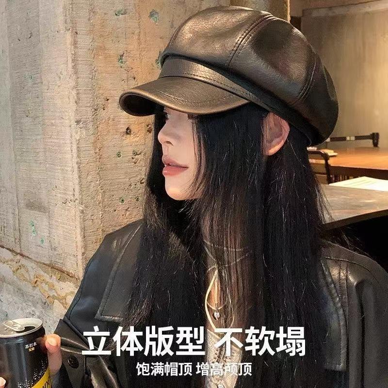 Black pu leather octagonal hat big head circumference beret autumn and winter painter hat female cap British hat leather hat