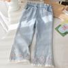 Girls Denim Jeans Spring Autumn Faionable Embroidered Knot Lovely Lace Bow Straight Leg Pants For Kids