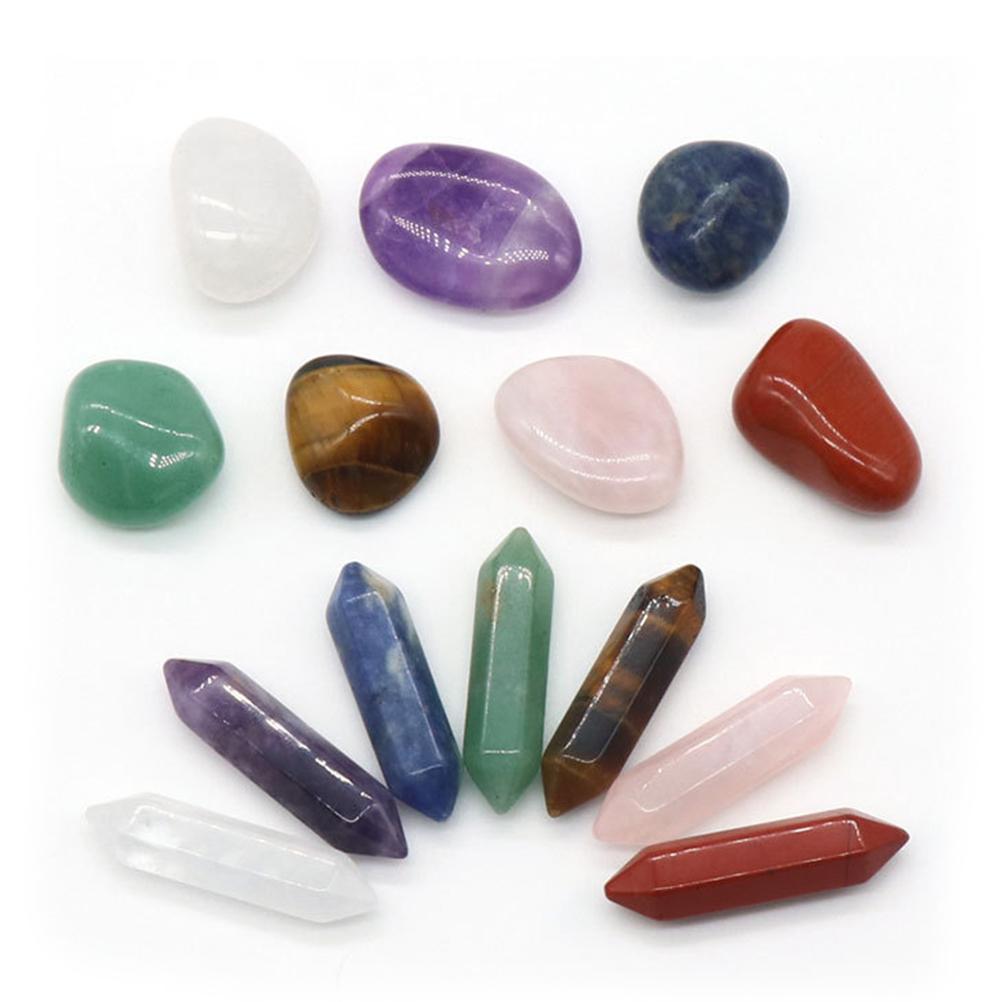 14-teiliges Premium-Kristall-Set, 7 Chakra-Set, sechseckige Säule, unregelmäßiger Yoga-Stein, spirituelle Massage