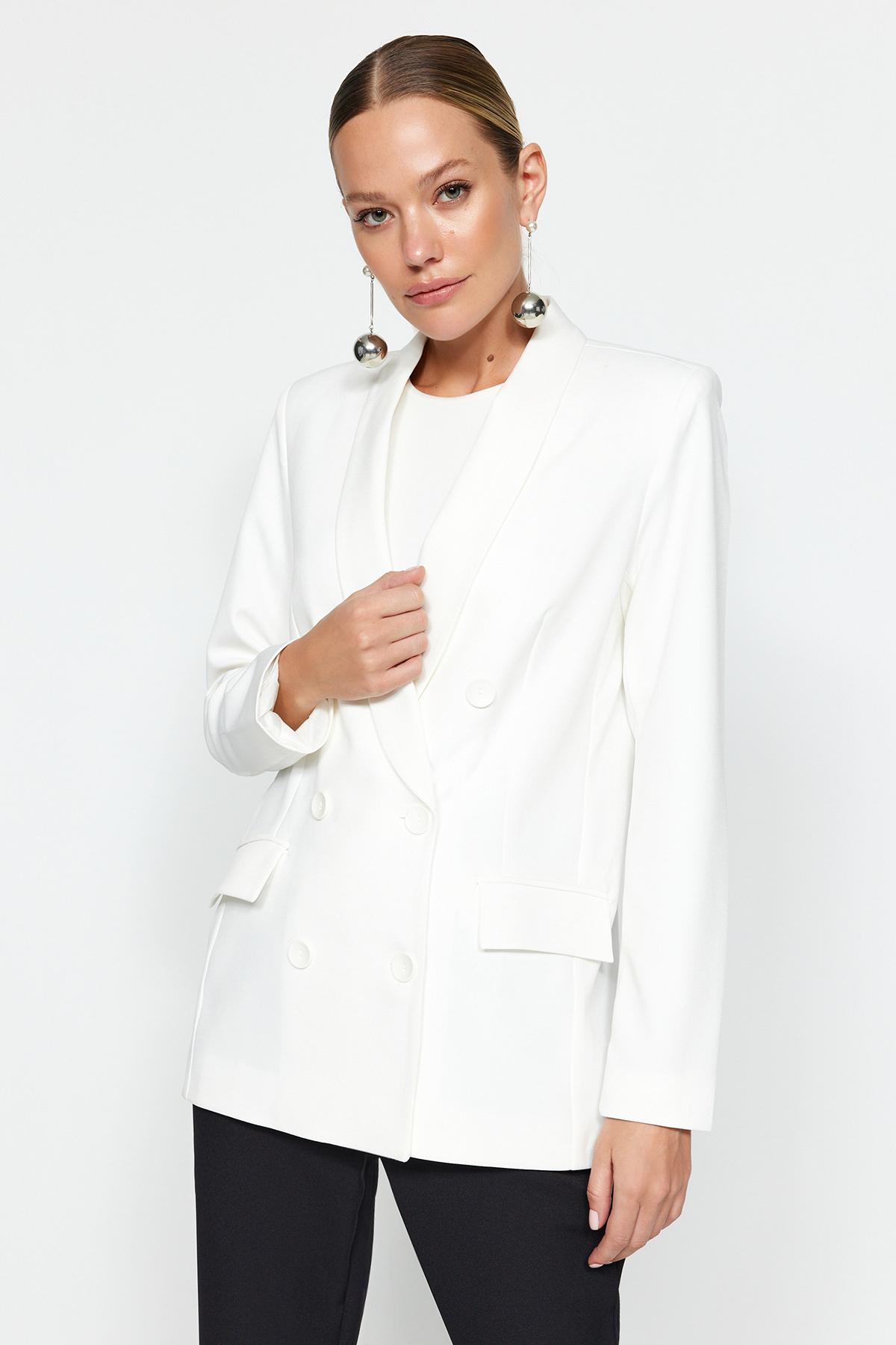 

Двубортный пиджак на подкладке цвета экрю с застежкой из ткани TWOSS23BC00106..