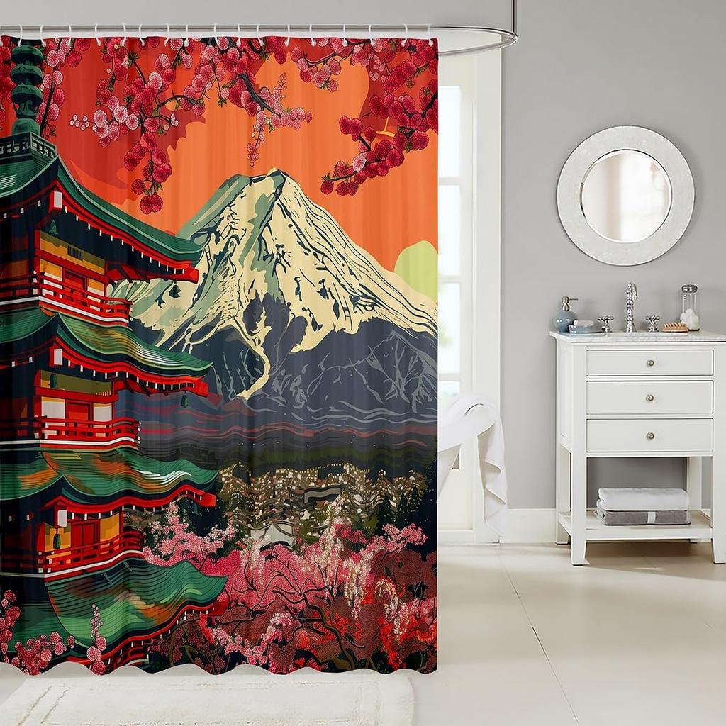 Boys Girls Japanese-Style Shower Curtain Red Cherry Bath Curtain Mount Fuji Bathroom Accessories Teens Bedroom Decor