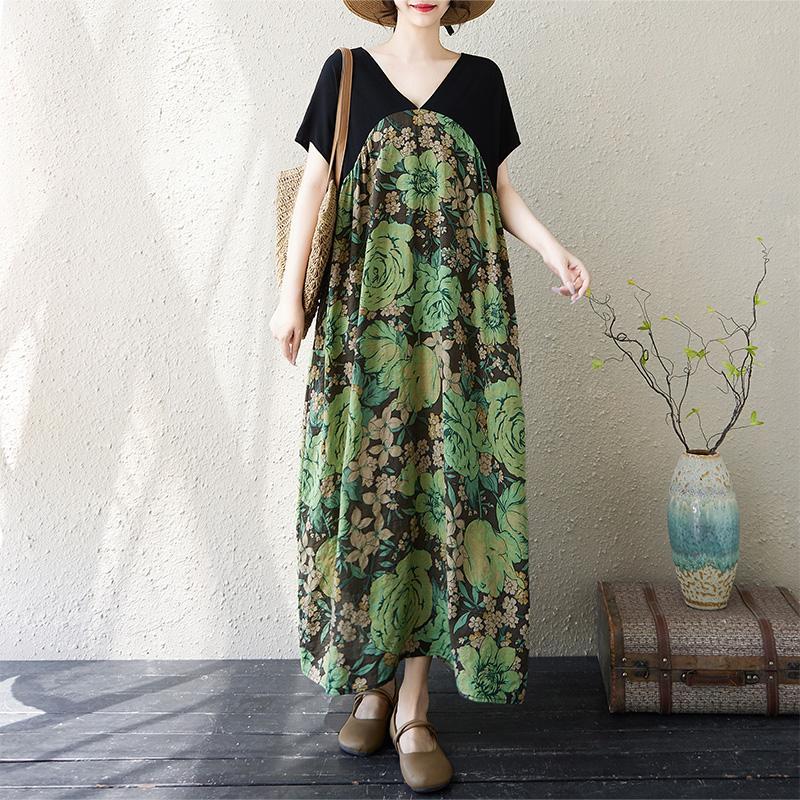 

Dimanaf Новое летнее платье размера плюс 2025 года для женщин с V-образным вырезом и винтажным цветочным принтом, повседневное свободное платье макси One Size зелёный