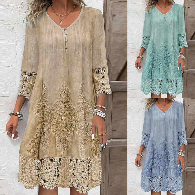 Button V-neck Short Sleeved Lace Printed Women's Dress Elegant Casual Fashionable High Street Spring Dresses