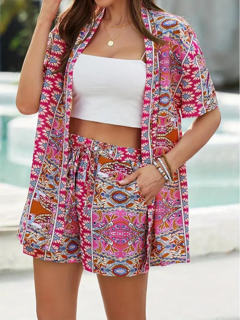 2025 Cross-Border Hot-Selling Elegant Vacation Print Two-Piece Set: Short Sleeve Shirt & High-Waist Tie Shorts