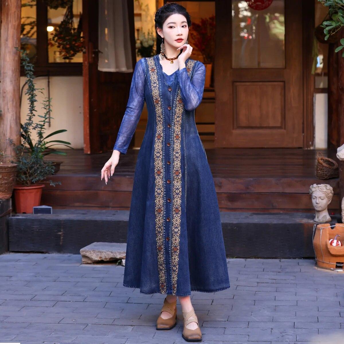 

Johnature вышивка в китайском стиле винтажное платье без рукавов женское весеннее хлопковое повседневное однобортное платье XXL синий