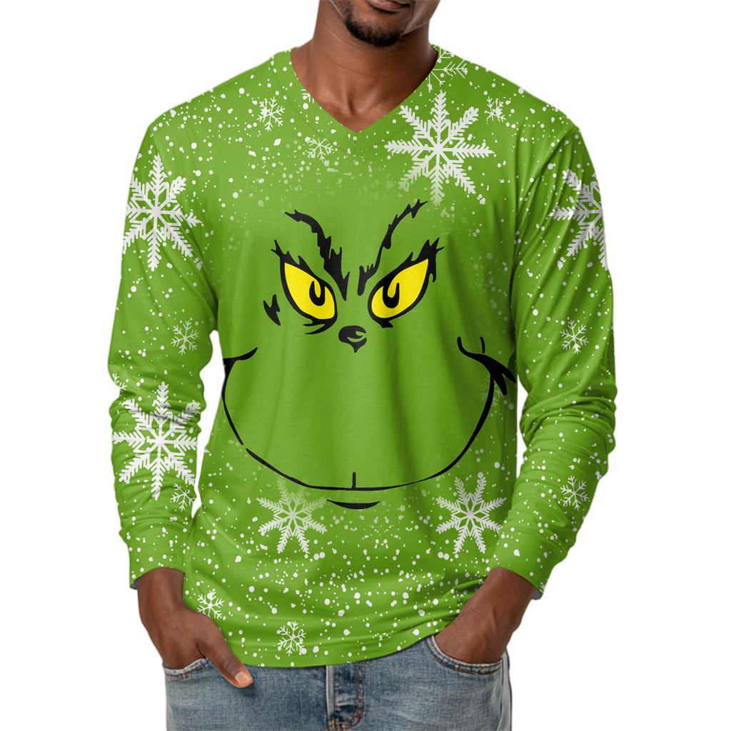 Men's Fashion Printed V-Neck Casual Long-Sleeved T-Shirt Bottoming Shirt Top