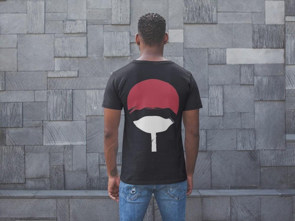 Uchiha Skjorte Klan Våpenskjold Naruto Herre Økologisk Bomull Rygg Front Logo S-XXXL