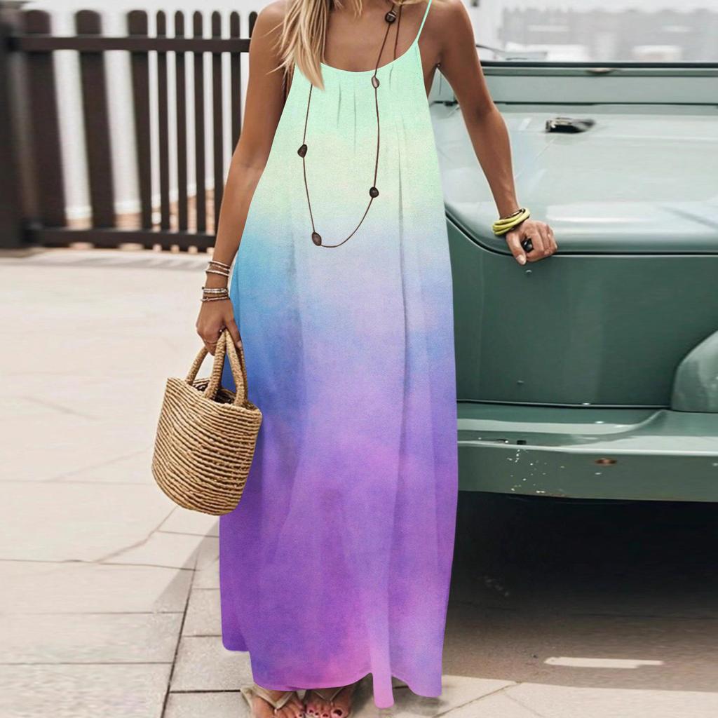 Dámské Módní Ležérní Volné Šaty s Květinovým Potiskem a Úzkými Ramínky Bez Zad