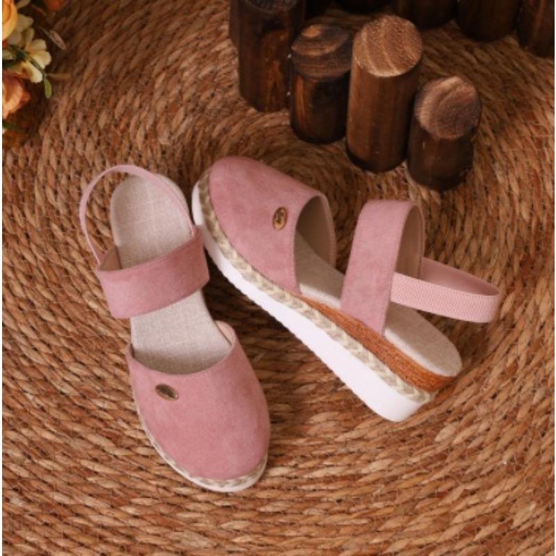 Large size color matching bag head rear empty sandals slope heel light hemp rope braided buckle women's shoes thick sole cool