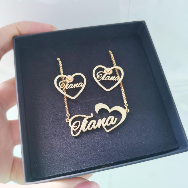 Qiuhan 20mm Heart Earrings Necklace Set, Personalized Stainless Steel Custom Name Jewelry Set