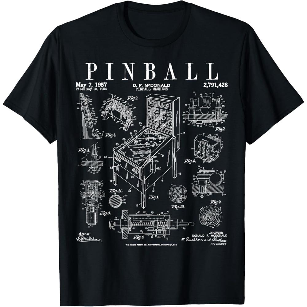 Pinball Arcade Gaming Machine Vintage Gamer Patent Print T Shirt M чёрный