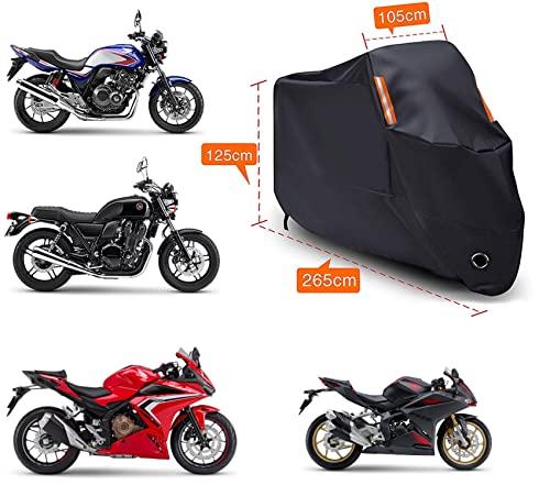 Motorcycle Cover, Waterproof, Heat-Resistant, Super Water-Repellent, Durable, for Motorcycles and Mopeds (6L - 265*105*125cm, Black)