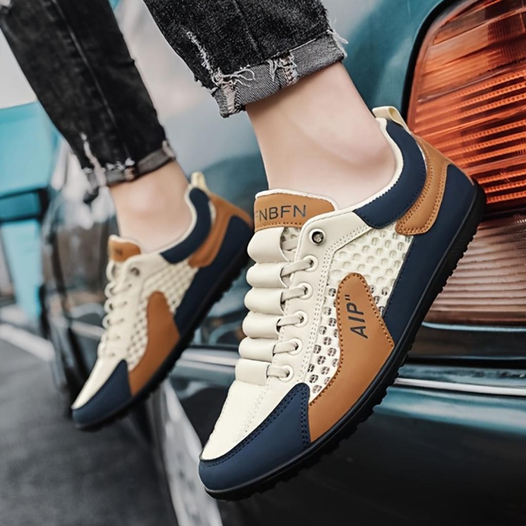 Men's Breathable Mesh Casual Sports Shoes with Navy Blue/white/gold Accents, Lightweight Fabric Upper and Durable Rubber Sole, Soft Interior
