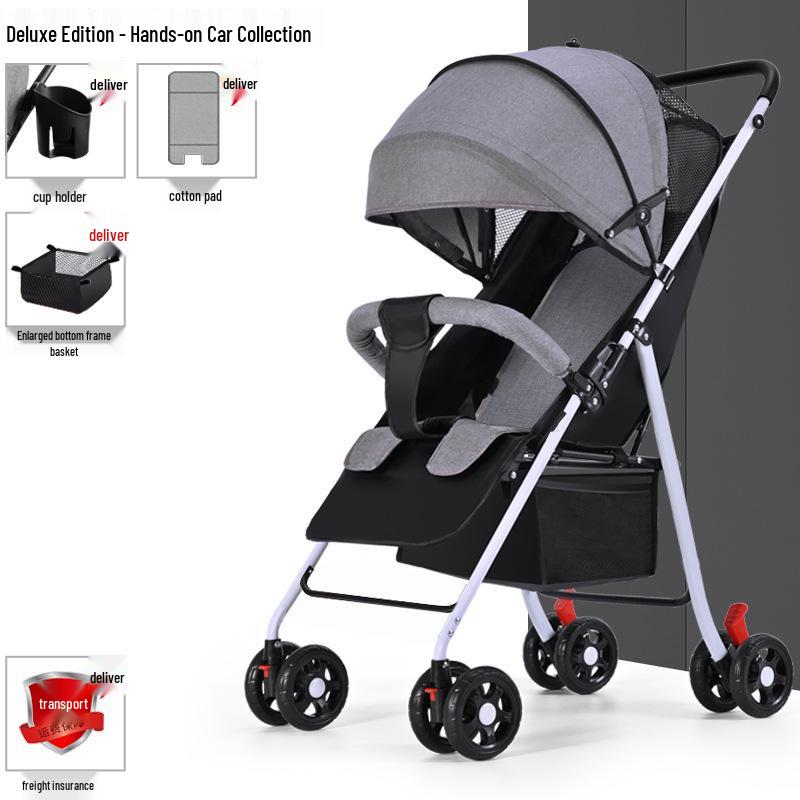 Lightweight Foldable Baby Stroller, Four-Wheeled, Convertible for Sitting or Lying, One-Button Fold Portable Design
