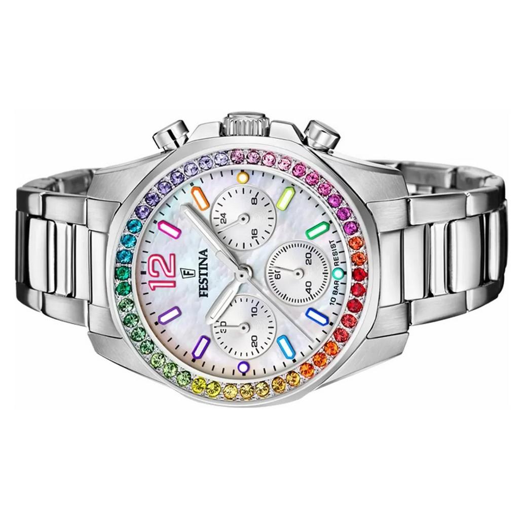 FESTINA Rainbow Chronograph Edelstahl Kristall Akzente Silber Zifferblatt Quarz F20606-2 100M Damenuhr