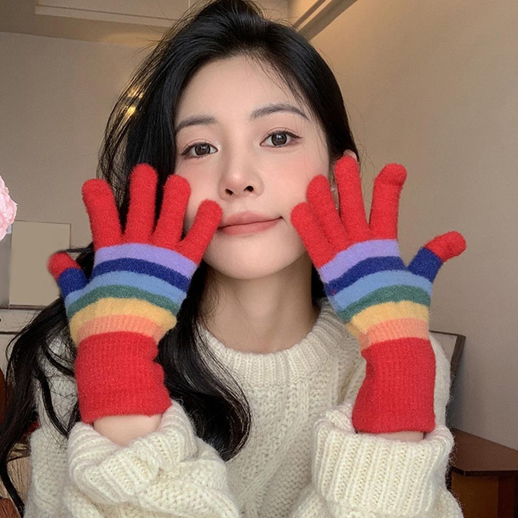 Girls 2 Finger Exposed Gloves Full Finger Warm Mittens with Striped Pattern Knitted Mittens for Women Winter Supplies