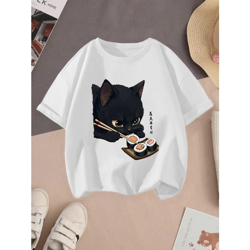 European sizes children's Black Cat & Sushi Kawaii T-Shirt / Cute Anime Sushi Roll & Cat Print / Soft Stretch Round Neck Summer Top / Casual Theme