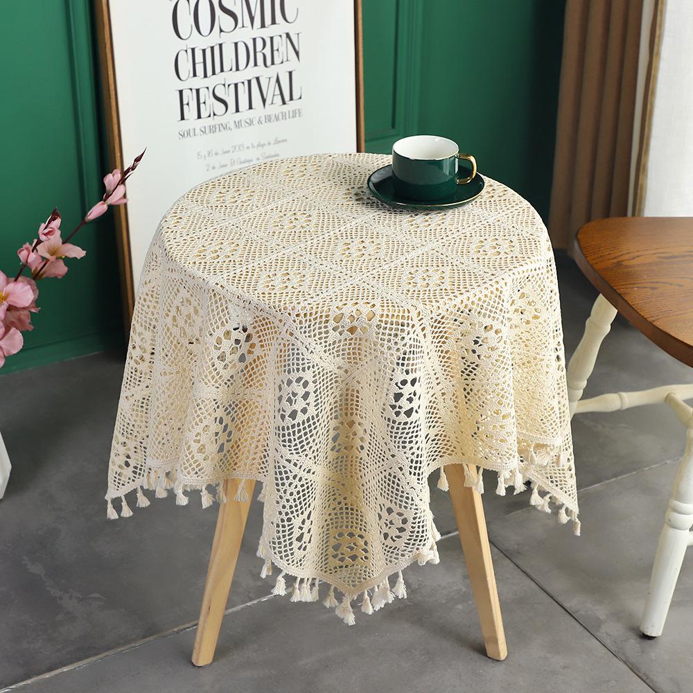 Hollowed Out Lace Tablecloth Tassel Pastoral Tablecloth Beige Dust Cover Cloth Rectangular Round Table Cloth