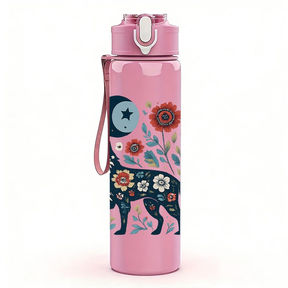 1PC Moon Floral Fox Pattern 750ml Color Plastic Sports Water Bottle Leakproof Flip Straw Lid Suitable for Sports Office Home Use