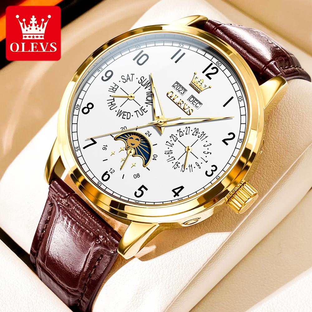 OLEVS 6698 Mens Watch Luxury Dress Brand Moon Phase Automatic Mechanical Watch For Men Leather Waterproof Dual Calendar Watch