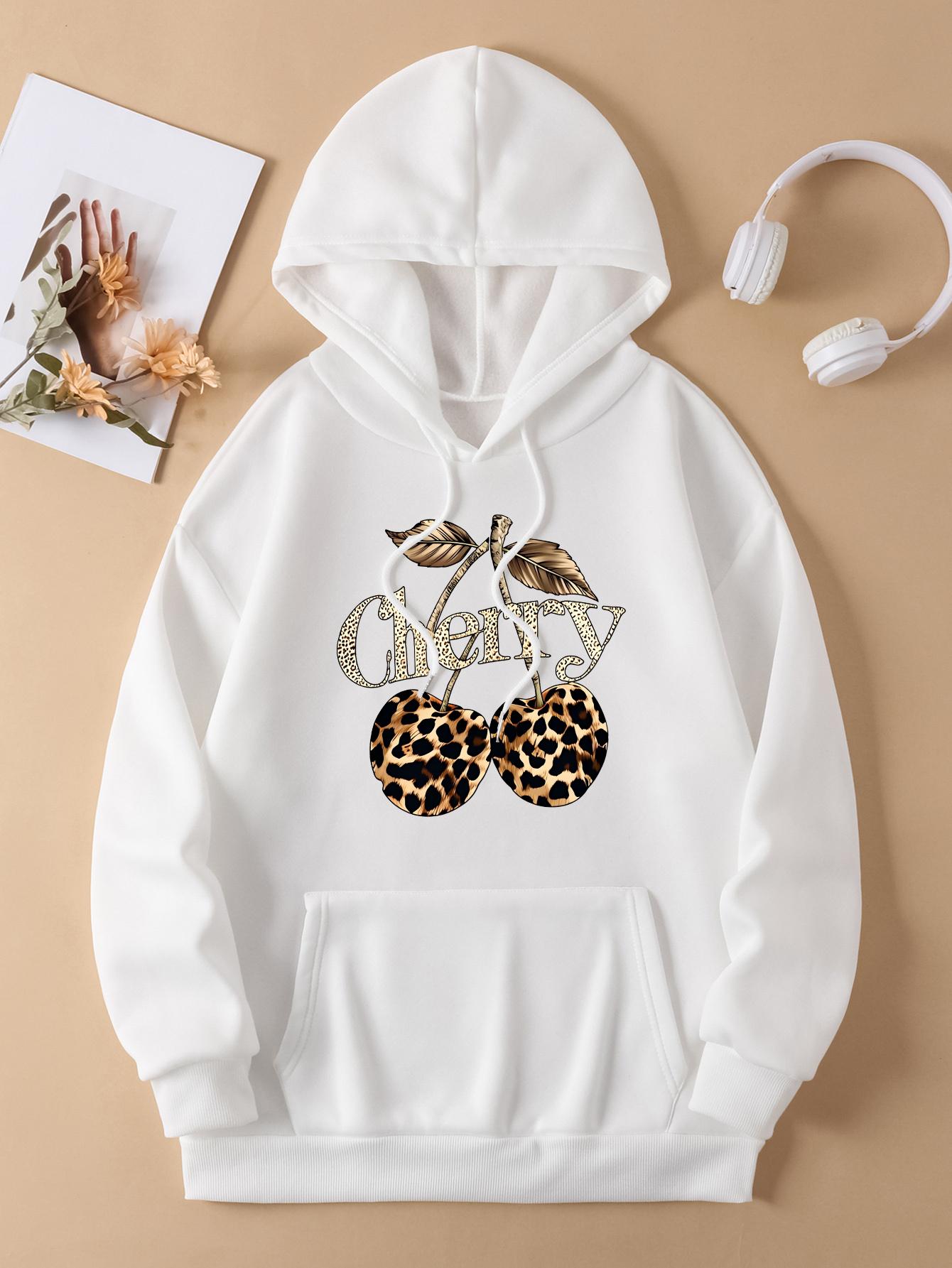 

Leopard Cherry Creative Printing Hoodies Women Fleece All-Match Streetwear Y2K Pocket Hoody Autumn Casual Woman Clothing L