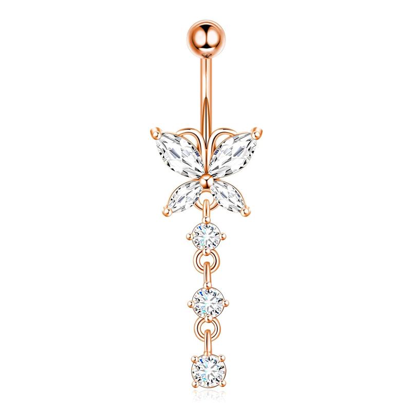 Damen Edelstahl Sexy Strand Schmetterling Zirkon Anhänger Perforierte Bauchnabelringe 10mm Vergoldet Drittanbieter-Zertifiziert Trendig