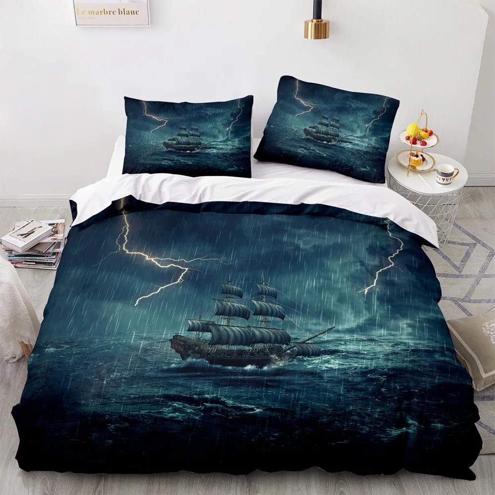 Vintage Sailboat Duvet Cover Nautical Ocean For Children Teen Adult Ship Fire Black Retro Style Polyester Quilt Cover Room Decor
