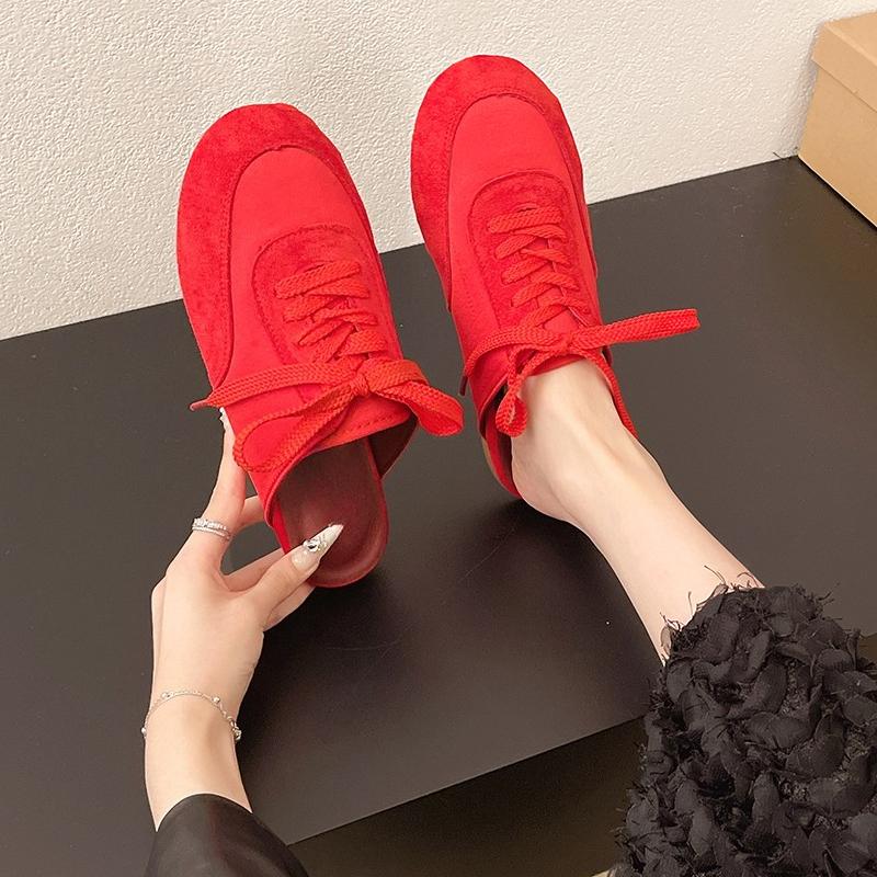 Fashion Baotou Slippers Autumn New Round Toe Deep Mouth Spliced Suede Front Lace-up Soft Sole Anti-slip Wear-resistant Flats