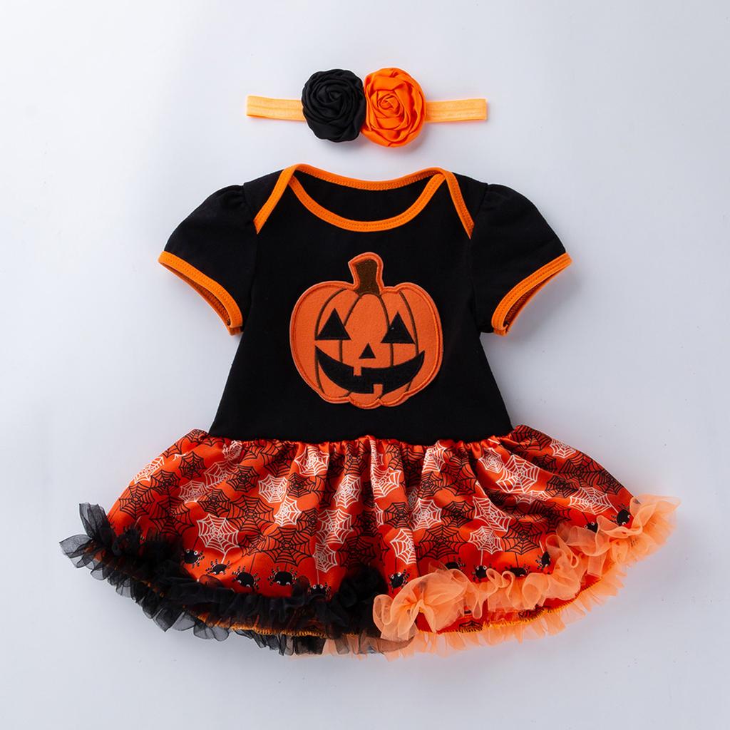Dziewczęcy Zestaw Ubraniowy 2PC Sukienka z Krótkim Rękawem i Nadrukiem Dyni oraz Spódniczka Tiulowa z Opaską na Głowę Strój na Halloween