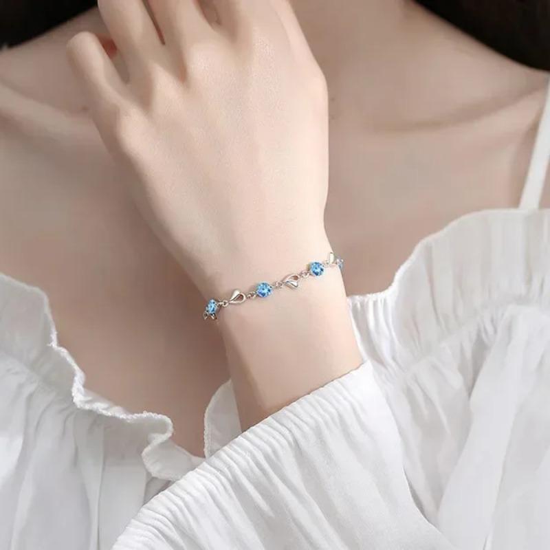 925 Silver Heart Shaped Necklace Bracelet Set for Women Vintage Korean Blue Crystal Bracelets Jewelry Set Party Jewelry