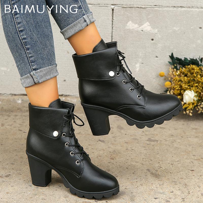 Winter Chunky Women Ankle Boots Lace Up High Heels Designer Retro Shoes New Brand 2025 Trend Fad Leather Pumps Goth Botas Mujer