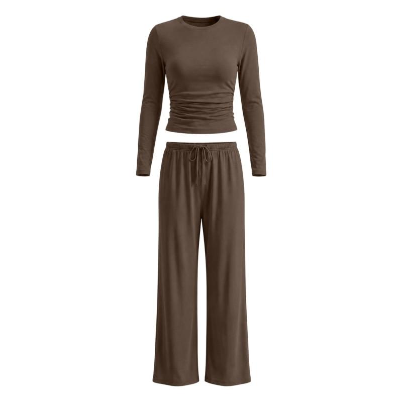 Womens Solid Color Casual Long Sleeve Top Pants Set Streetwear
