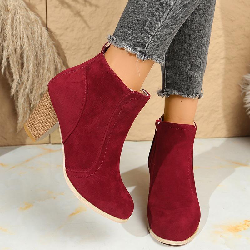 Autumn and Winter New Round Toe Solid Color High Heel Short Tube Side Zipper Fashion Boots Women