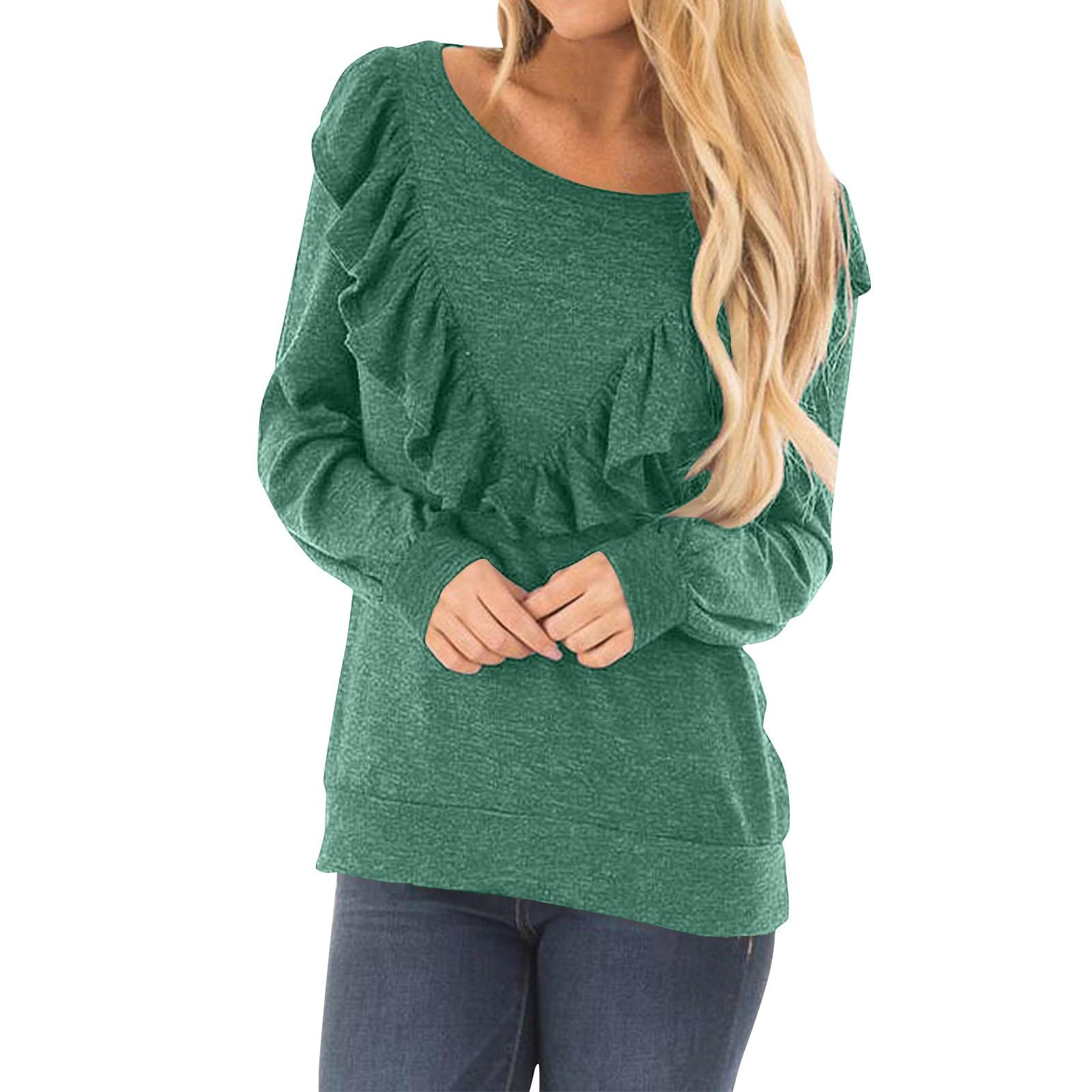 

Женский модный однотонный свитер с круглым вырезом и оборками, длинный рукав, повседневный топ XXL зелёный