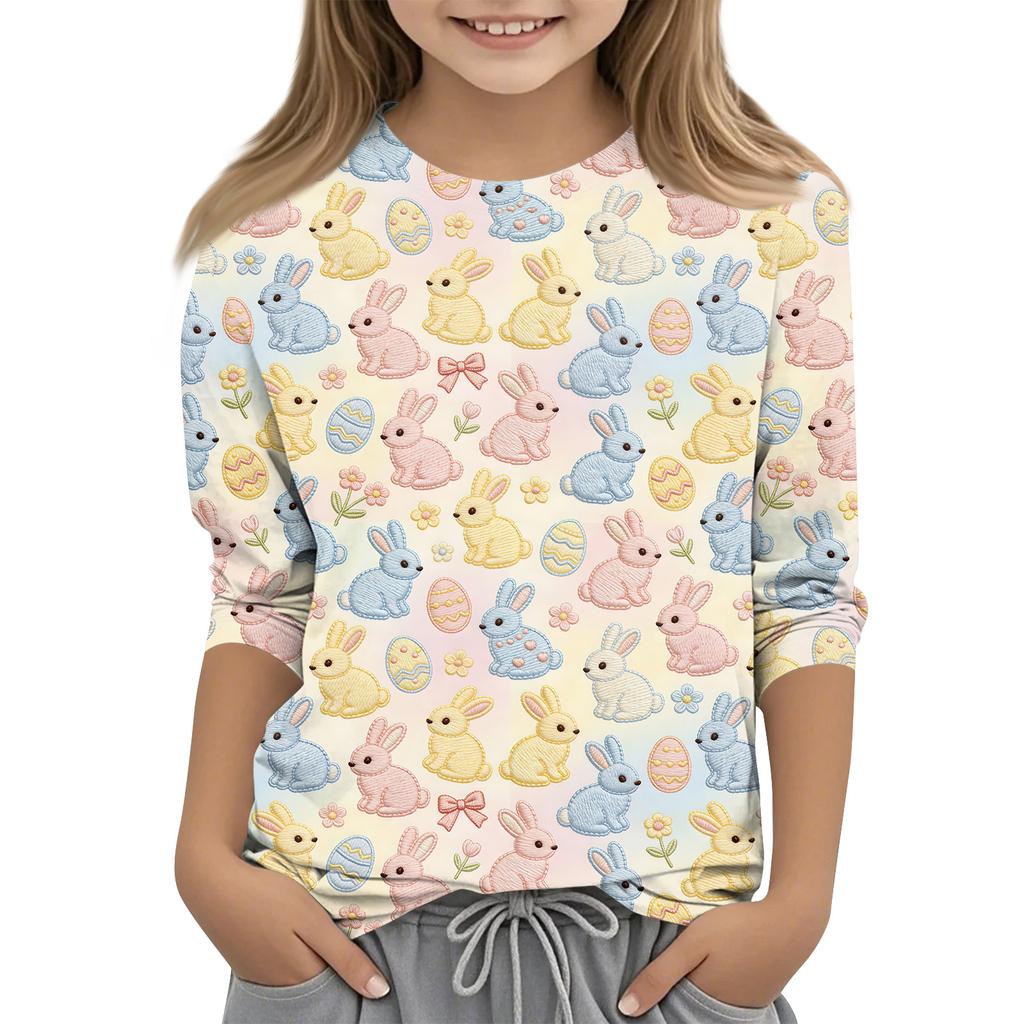 Children's Seven Quarter Sleeve Easter Print Round Neck Print Casual Top