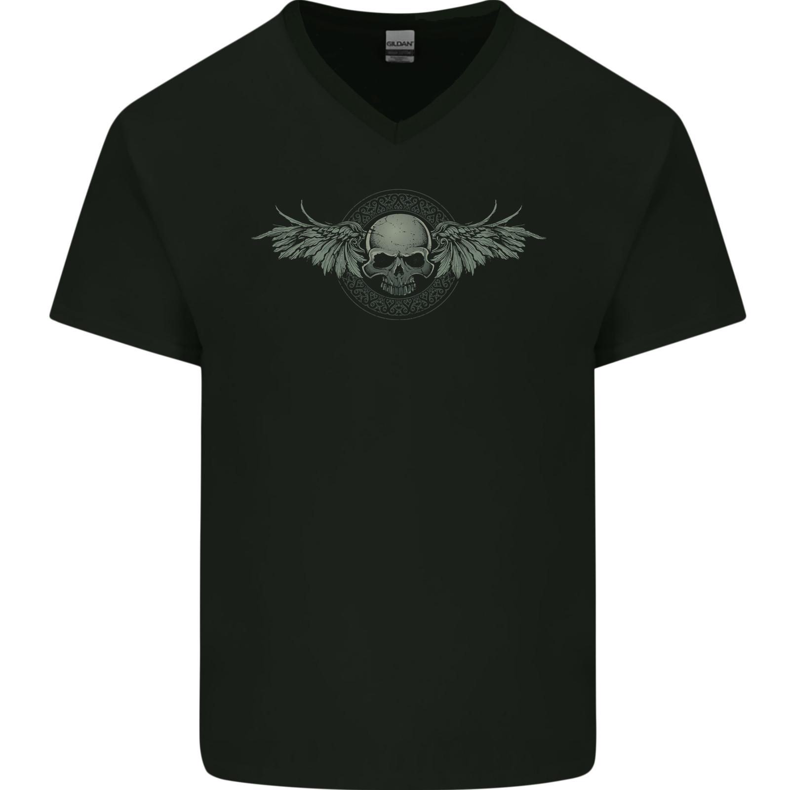 A Tribal Skull With Wings Gothic Goth Rock Music Mens VNeck Cotton T-shirt S